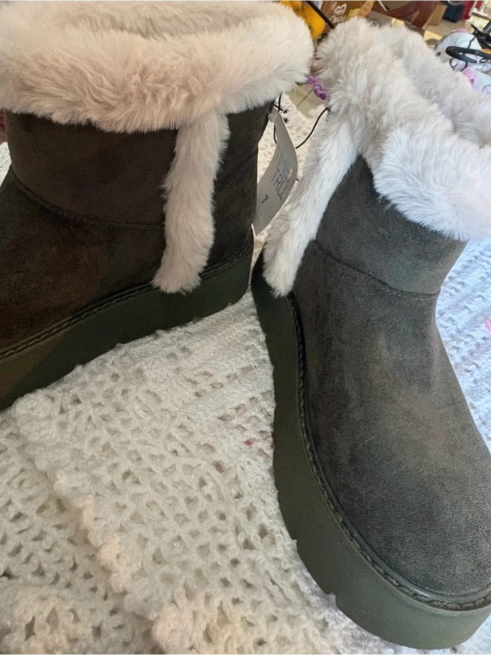Time and Tru Olive Suede Ankle Booties with Cream Faux-Fur Cuff